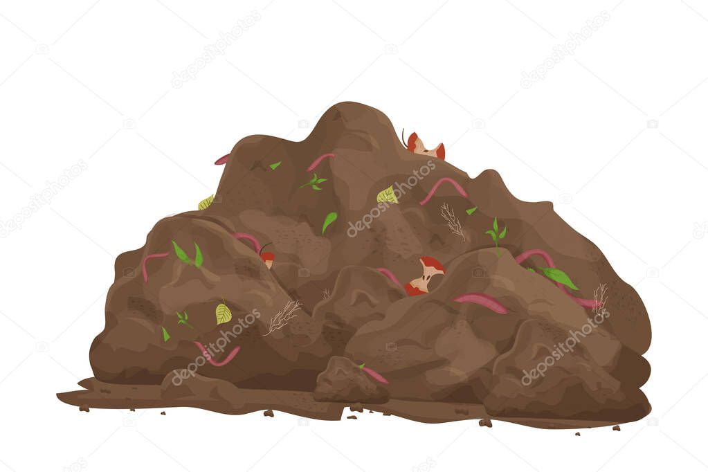Compost pile with organic garbage and earthworms in cartoon style isolated on white background. Farming, recycling concept.