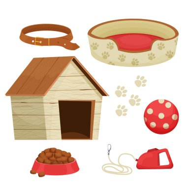 Köpek kulübesi, oyuncak, tasma gibi beyaz arka planda izole edilmiş evcil hayvan bakımı için farklı kadrolu köpekler için aksesuarlar. Malzeme koleksiyonu, malzeme