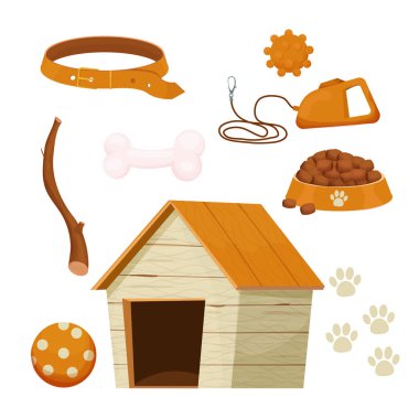 Köpek kulübesi, oyuncak, tasma gibi beyaz arka planda izole edilmiş evcil hayvan bakımı için farklı kadrolu köpekler için aksesuarlar. Malzeme koleksiyonu, malzeme