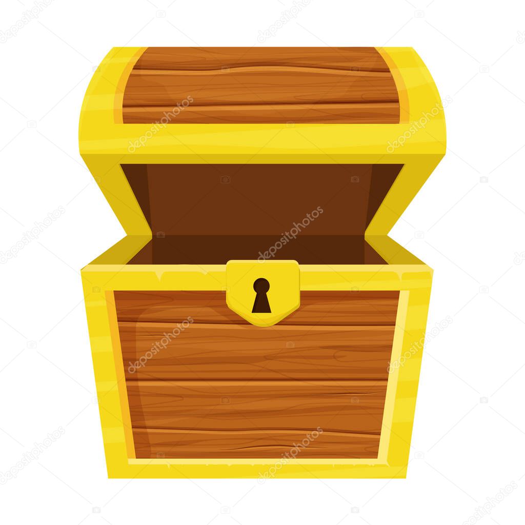 Wooden open empty chest in cartoon style isolated on white background. Ui game asset, element, clip art. Antique container for treasure.