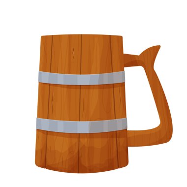 Beyaz arka planda izole edilmiş karikatür tarzı tahta bardak. Alkol, içki, parti, bar elementi, sembol. Geleneksel, retro desenli kupa. Vektör illüstrasyonu