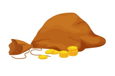 Beyaz arka planda izole edilmiş, çizgi film tarzında altın sikkeleri olan yaşlı bir çanta. Para çantası, hazine eşyası. Ui simgesi, varlık. Vektör illüstrasyonu