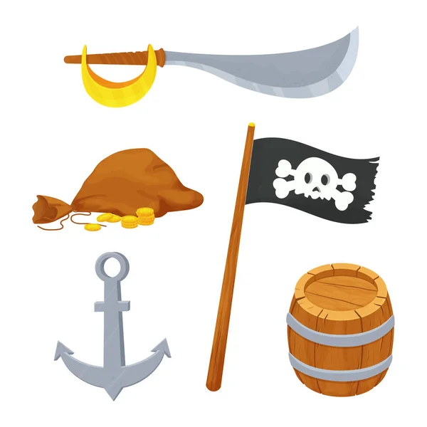 Conjunto Piratas Con Bandera Cráneo Huesos Monedas Oro Tesoro Con — Vector de stock