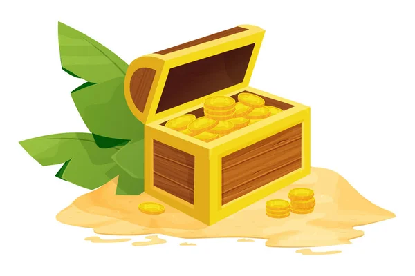 Wooden Chest Treasure Golden Coins Sand Decorated Leaves Cartoon Style — Vector de stock