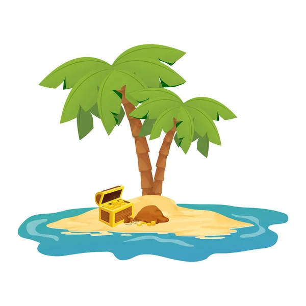 Wooden Chest Treasure Golden Coins Island Palm Trees Cartoon Style — Vector de stock