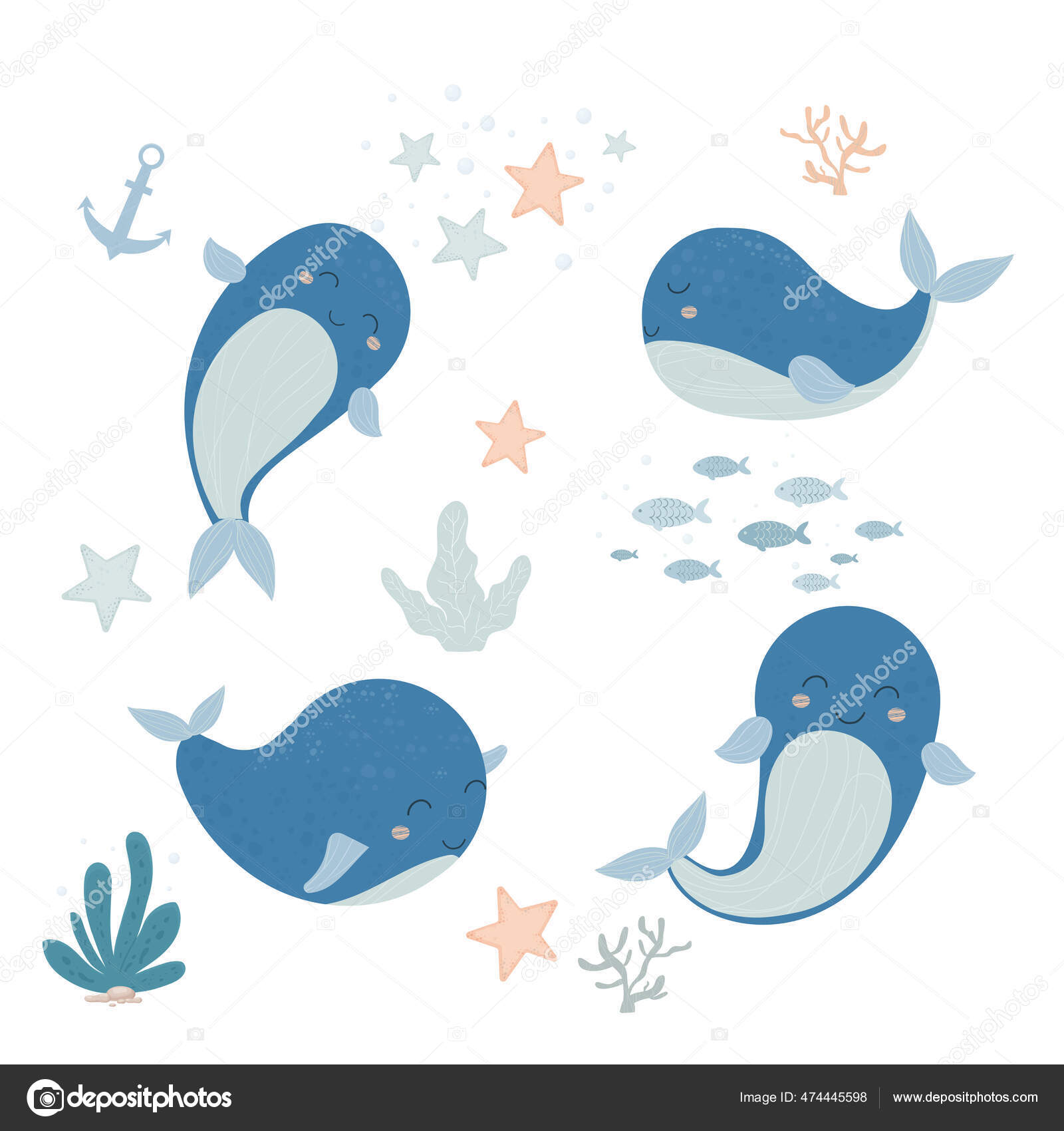 一组可爱的鲸鱼和海洋元素在Boho丑闻的鸟类风格简单幼稚的印刷品贴纸幼儿夹艺术图库矢量图©sombrecanari 474445598