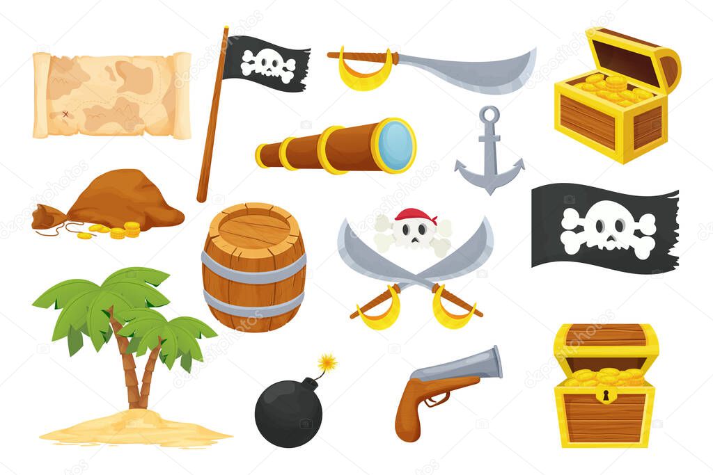 Pirate set with funny skull, wooden treasure chest, barrel, weapon, black flag and map in cartoon style isolated on white background. Caribbean elements, adventure collection. Treasure search. 