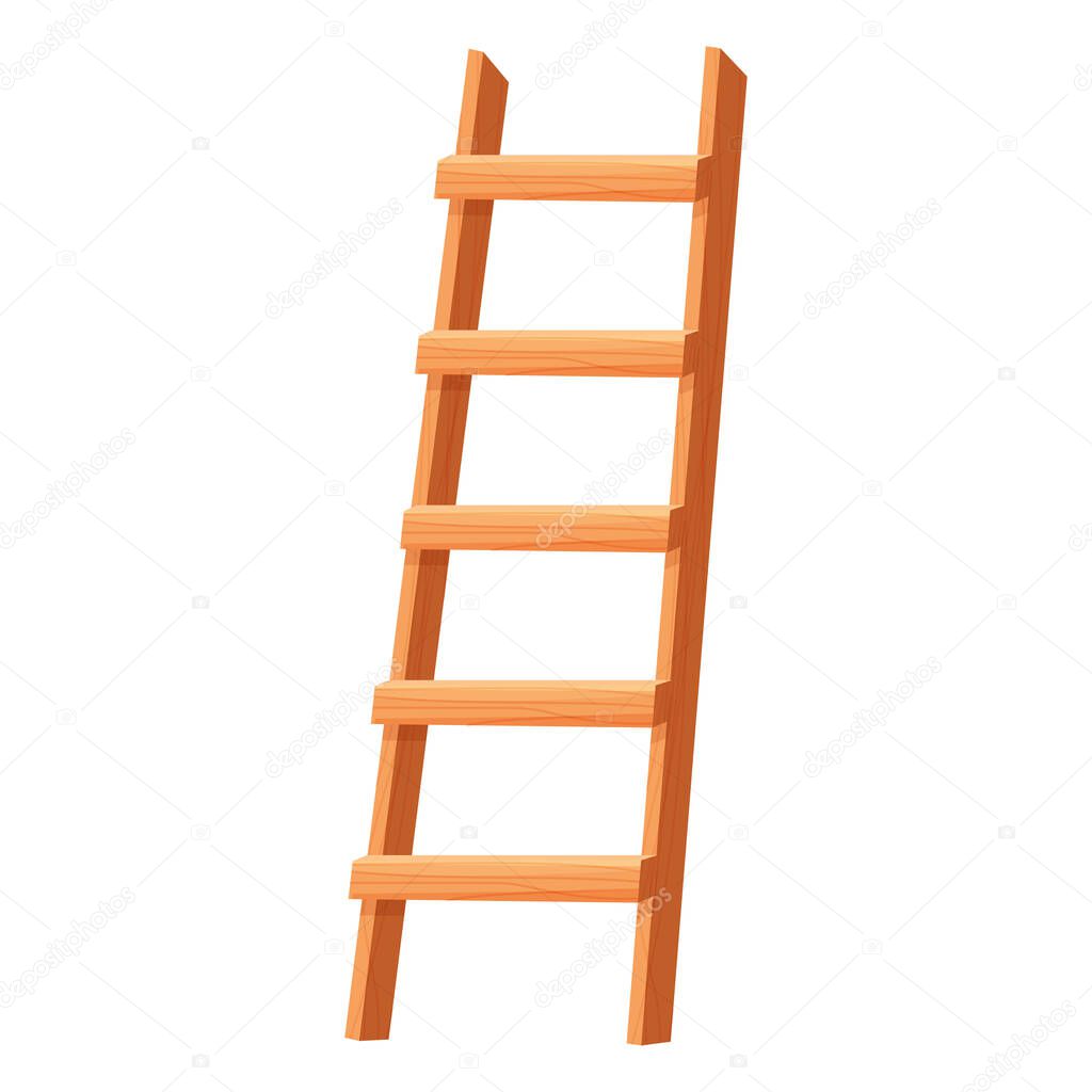Wooden ladder in cartoon style isolated on white background. Portable stairs concept, household element, object. Vintage stairway. Vector illustration
