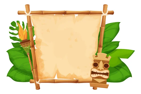 Tiki kabilesi Hawaii maskesi, bambu çerçeveli insan yüzlü heykel parşömen, çizgi film stili dekore edilmiş egzotik meşale, beyaz arka planda yalıtılmış palmiye yaprakları. Antik Hawaii Tanrısı. 