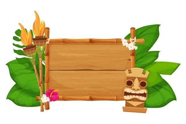 Tiki kabilesi Hawaii maskesi, bambu çerçeveli insan yüzlü heykel ahşap masalar, kalaslar, çizgi film tarzı meşale dekore edilmiş egzotik palmiye yaprakları beyaz arka planda izole edilmiş. - Evet. Vektör illüstrasyonu