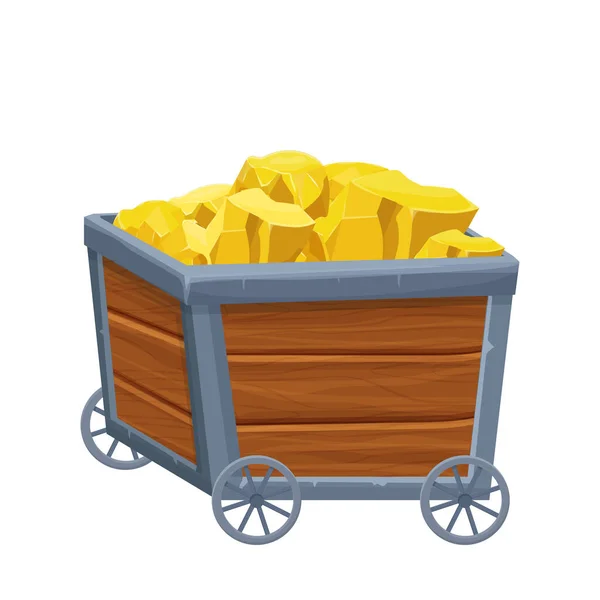 Wooden Mine Cart Trolley Gold Rude Cartoon Style Isolated White — стоковый вектор