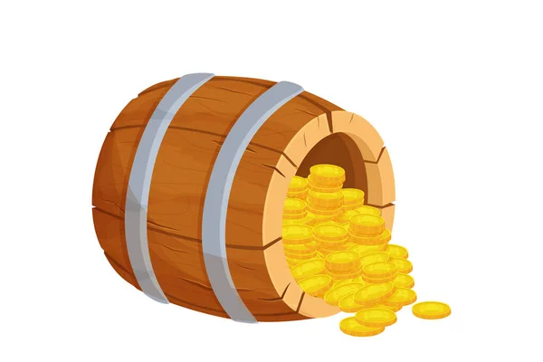 Barril Madera Con Monedas Oro Del Tesoro Estilo Dibujos Animados — Vector de stock
