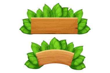 Tahta döşeme, ilan tahtası, yapraklı çerçeveler, beyaz arka planda karikatür tarzında egzotik orman dekorasyonu. Boş tahta, detaylı bir dokuma. Vektör illüstrasyonu