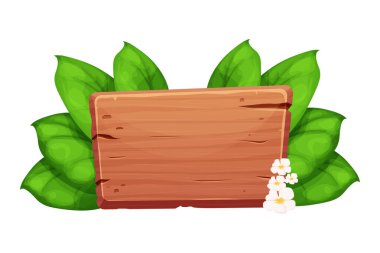 Tahta tahta, yapraklı ve çiçekli ilan panosu, beyaz arka planda izole edilmiş çizgi film tarzında egzotik orman dekorasyonu. Boş tahta, detaylı bir dokuma. Vektör illüstrasyonu