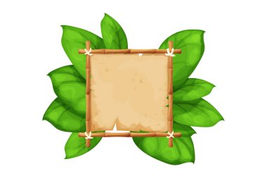 Bambu çerçeveli parşömen karikatür stili egzotik, palmiye yaprakları beyaz arka planda izole. Orman, tropikal dekorasyon. Vektör illüstrasyonu