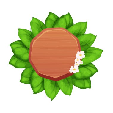 Tahta tahta, yapraklı ve çiçekli ilan panosu, beyaz arka planda izole edilmiş çizgi film tarzında egzotik orman dekorasyonu. Boş tahta, detaylı bir dokuma. Vektör illüstrasyonu