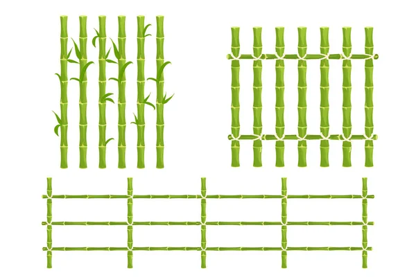 Nastavit Zelený Bambusový Plot Lanem Tyč Tyčí Přírodní Zeď Karikaturním — Stockový vektor