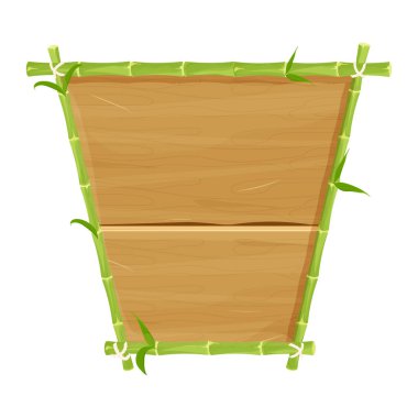 Boş ahşap kalası olan yeşil bambu çerçeve, beyaz arka planda izole çizgi film tarzında tabela. Asya kabilesi dekorasyonu, egzotik elementler. Vektör illüstrasyonu
