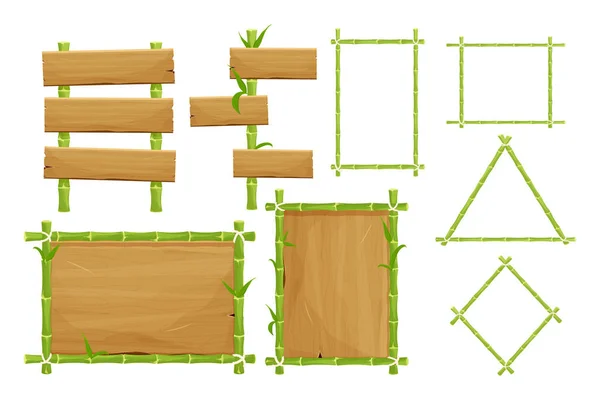 一套绿色竹框 从木制木板上的广告牌 卡通风格 白色背景隔离 用叶子和绳子收集亚洲装饰 矢量说明 — 图库矢量图片