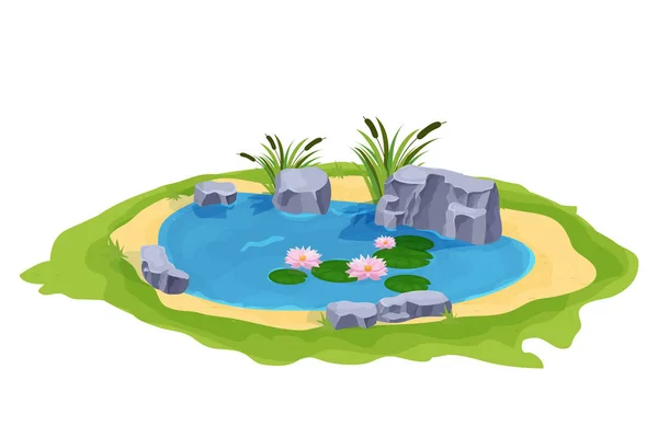 Lago Con Aguas Tranquilas Flores Lirio Junco Piedras Estilo Dibujos — Vector de stock