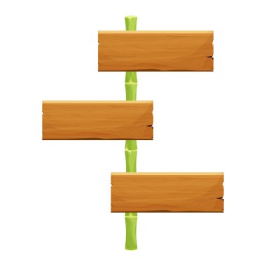 Yapraklı yeşil bambu çubuklu ahşap tabela beyaz arka planda izole çizgi film tarzında boş çerçeve. Kalıplaşmış nesne, evet. Vektör illüstrasyonu