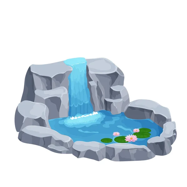 Водоспадний Каскад Камінням Озеро Лілійними Квітами Мультиплікаційному Стилі Ізольовано Білому — стоковий вектор
