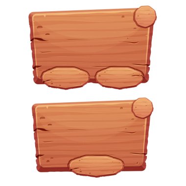 Ahşap menü düğmesi seti, beyaz arkaplanda izole edilmiş çizgi film tarzında ui oyun varlığı. Tercih için boş tahta, soru. Parlak, detaylı ve desenli tahta. Vektör illüstrasyonu