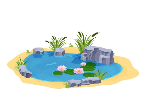 See Mit Ruhigem Wasser Lilienblüten Zwiebel Und Steinen Cartoon Stil — Stockvektor