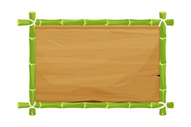 Boş ahşap kalası olan yeşil bambu çerçeve, beyaz arka planda izole çizgi film tarzında tabela. Asya kabile dekorasyonu, egzotik element.