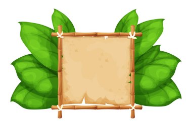 Bambu çerçeveli parşömen karikatür stili egzotik, palmiye yaprakları beyaz arka planda izole. Orman, tropikal dekorasyon.