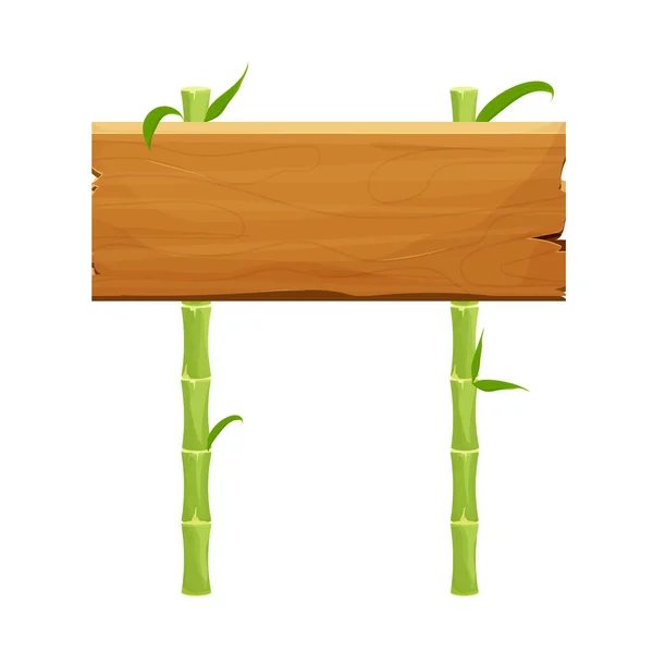 Signo de madera con palos de bambú verde con hojas, marco vacío en estilo de dibujos animados aislados sobre fondo blanco. Objeto texturizado, activo ui. — Vector de stock