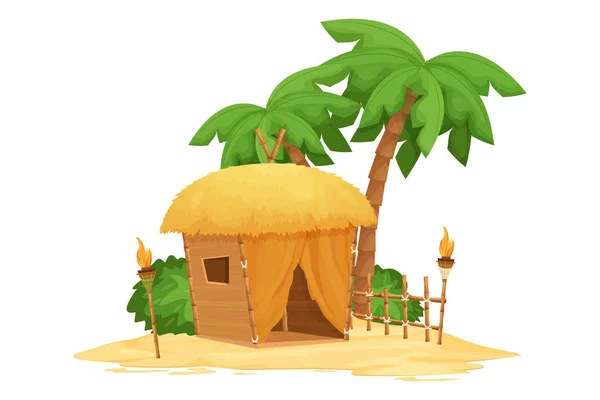 Beach bungalow, tiki hut with straw roof, bamboo and wooden details on sand in cartoon style isolated on white background. Fantasy building with palm trees, torch. Travel concept. — Stock Vector