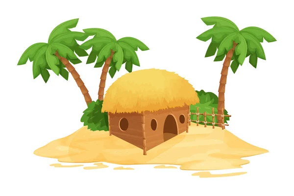 Bungalow sulla spiaggia, capanna tiki con tetto di paglia, bambù e dettagli in legno su sabbia in stile cartone animato isolato su sfondo bianco. Edificio fantasy, concetto di vacanza. — Vettoriale Stock