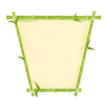 Yapraklı yeşil bambu çerçeve ve eski parşömen, beyaz arka planda izole çizgi film tarzında ip. Asya, tropikal dekorasyon, sınır. 