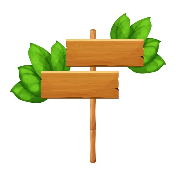 Signo de madera con palos de bambú verde decorado con hojas tropicales, marco vacío en estilo de dibujos animados aislado sobre fondo blanco. Objeto texturizado, activo ui. Selva — Vector de stock