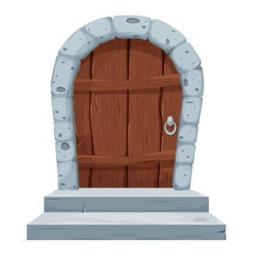 Tahta kapılı taş kemer, beyaz arka planda izole edilmiş çizgi film tarzında kale kapısı. Eski, ortaçağ girişi. Ui varlığı, desenli, detaylı nesne. Vektör illüstrasyonu