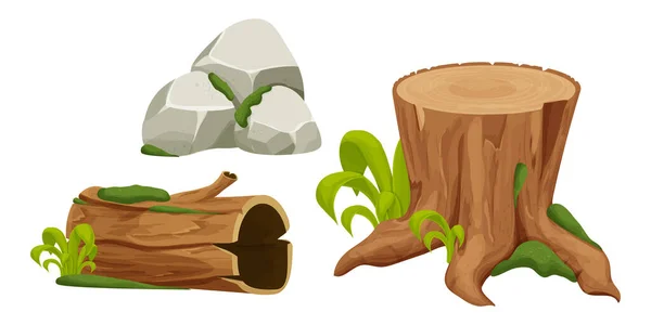 木の切り株 ログと石の杭を漫画のスタイルで苔で設定し 森のオブジェクトは白い背景に隔離された Uiアセット 風景のための自然コレクション ベクターイラスト — ストックベクタ
