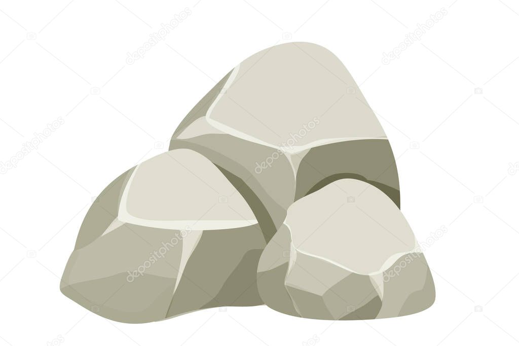 Stone, rock pile isolated on white background. Big boulder element, granite block for ui games, decoration, clipart in cartoon style. Vector illustration