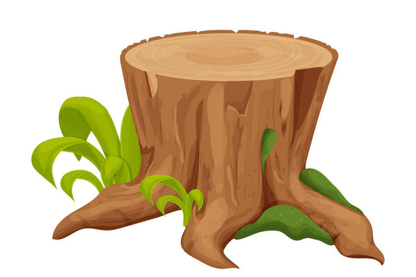 Tree stump, old trunk with grass and moss in cartoon style isolated on white background. Forest decoration, ui asset, detailed and textured object. Vector illustration