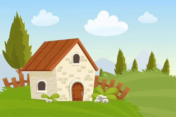 石から妖精の家 木製のフェンス 漫画のスタイルで農業白い背景に隔離された風景です レトロな田舎の建物木製のプロペラ付きの塔 クリッパート デザイン要素 — ストックベクタ