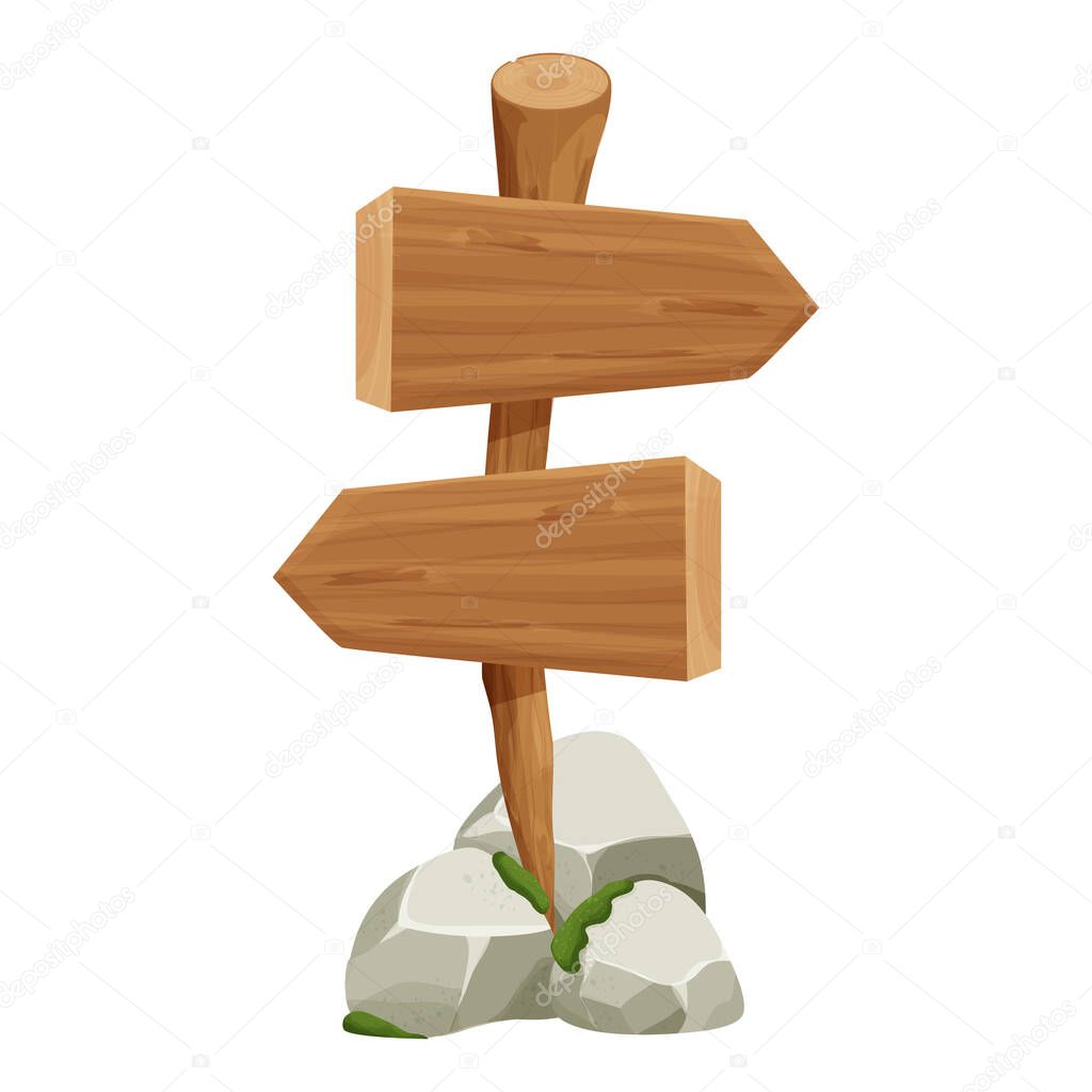Wooden pointer, signboard with rock, stone pile and moss in cartoon style isolated on white background. Ui asset, design element. Textured old tree branch with plank. Vector illustration