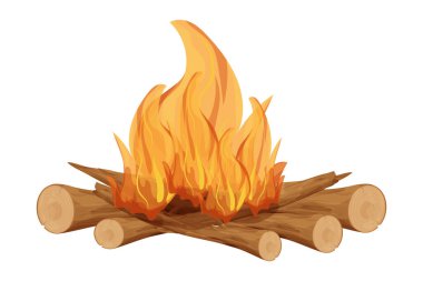 Şömine, ağaç dallarıyla ateş, beyaz arka planda izole çizgi film tarzında dallar. Açık hava aktivitesi, kamp ateşi. - Evet. Vektör illüstrasyonu