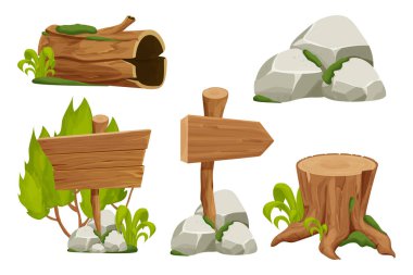 Orman doğa unsurları tabela, ağaç kütüğü, eski gövde, taş yığını ve beyaz arka planda izole edilmiş karikatür tarzında yosun. Ui varlıkları, oyun arayüzü vektör çizimleri