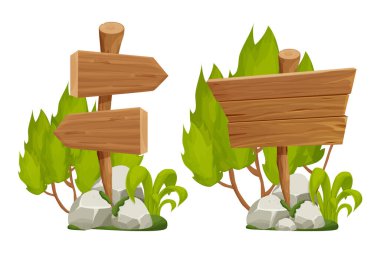 Tahta işaretçi, kaya yığını, yosun ve yapraklı tabela beyaz arka planda karikatür tarzında izole edilmiş. Ui varlıkları, tasarım elemanları. Keresteli eski ağaç dalı.