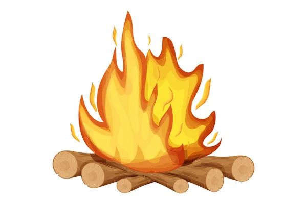 Lareira, fogo com paus de árvore de madeira, galhos em estilo cartoon isolado no fundo branco. Atividade ao ar livre, fogueira. — Vetor de Stock