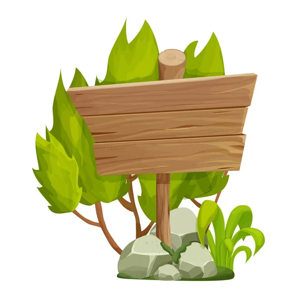 Pointeur en bois, panneau avec roche, pieu de pierre, mousse, herbe et buisson en style dessin animé isolé sur fond blanc. Ui asset, élément design. Vieille branche d'arbre texturée avec planche. — Image vectorielle