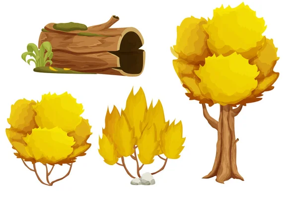 Waldnaturelemente fallen, Herbstlandschaft mit Baum, Baumstumpf, altem Stamm, Busch und Moos im Cartoon-Stil isoliert auf weißem Hintergrund. Ui Assets, für Computerspiel-Schnittstellen-Vektor Illustrationen — Stockvektor