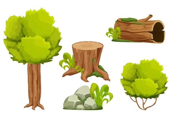 Ağaç, kütük, eski gövde, çalı, taş yığını ve beyaz arka planda izole edilmiş karikatür tarzında yosun içeren orman doğa unsurları. Bilgisayar oyunu arayüzü çizimleri için Ui varlıkları — Stok Vektör