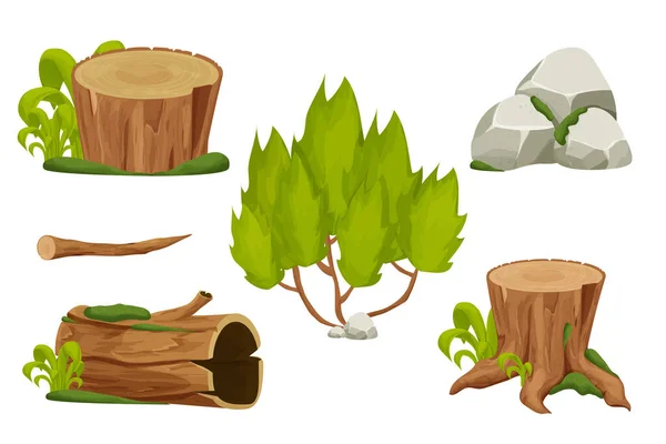 Foresta elementi naturali paesaggio con tronco d'albero, venduto tronco, cespuglio, pelo di pietra e muschio in stile cartone animato isolato su sfondo bianco. Attività Ui, per computer gioco di interfaccia vettoriale Illustrazioni — Vettoriale Stock