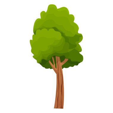 Orman karikatür ağacı, beyaz arka planda izole edilmiş çizgi film tarzında detaylı ve desenli. Uzun boylu ve ağaç gövdesi ve yeşilliği olan..